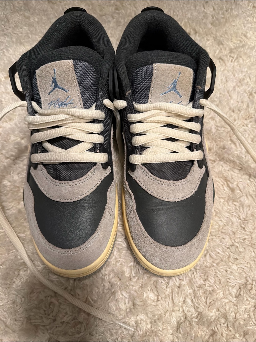 Jordan men’s Low-Top Sneakers in Black, Gray and Cream with Light Blue Jumpman